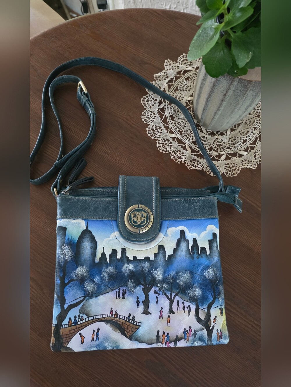 Sharif Designed in New York ** Hand-painted Snow Covered Central Park Scene Bag